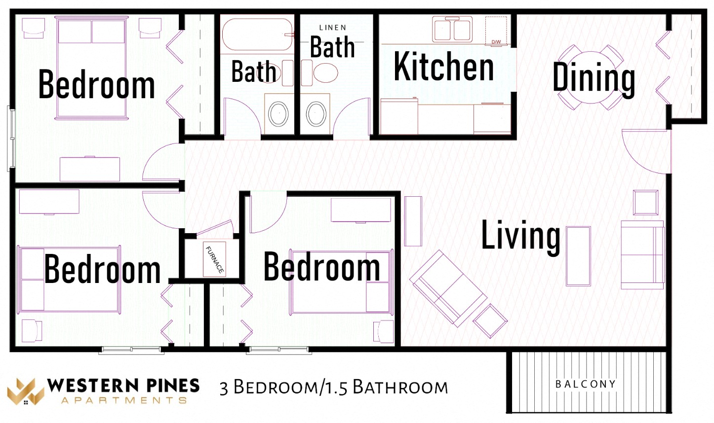 Floor plan for 3 beds, 1.5 baths, 1155 sqft